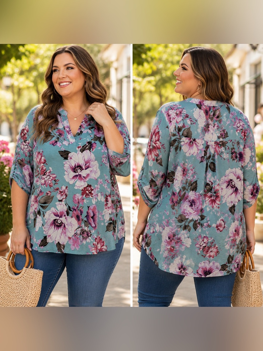 🆕 Mint Floral Split Neck Roll Tab Blouse Plus Size XL 2X 3X NWT